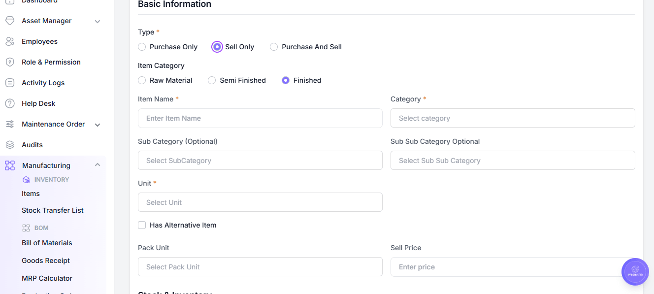 Sell Only Item Configuration