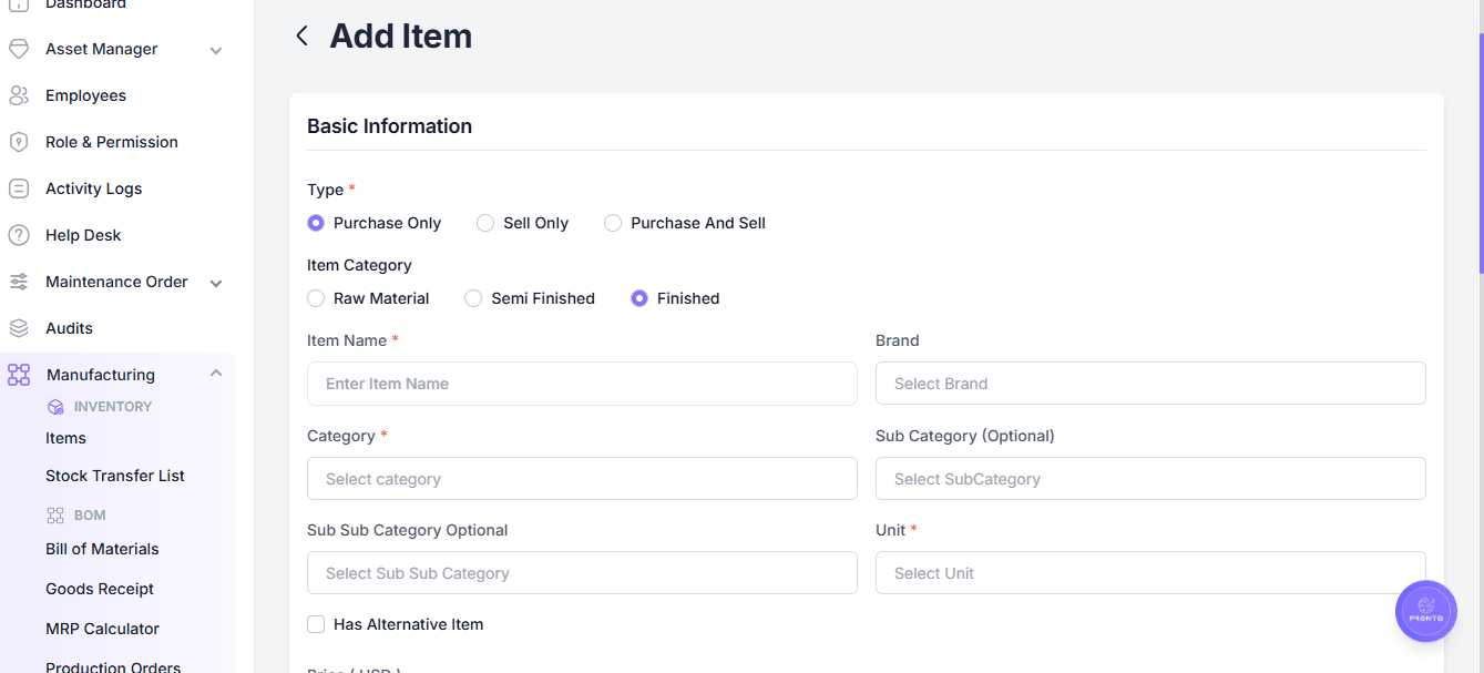 Item Type Selection