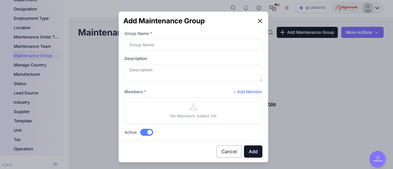 Add Maintenance Group Form