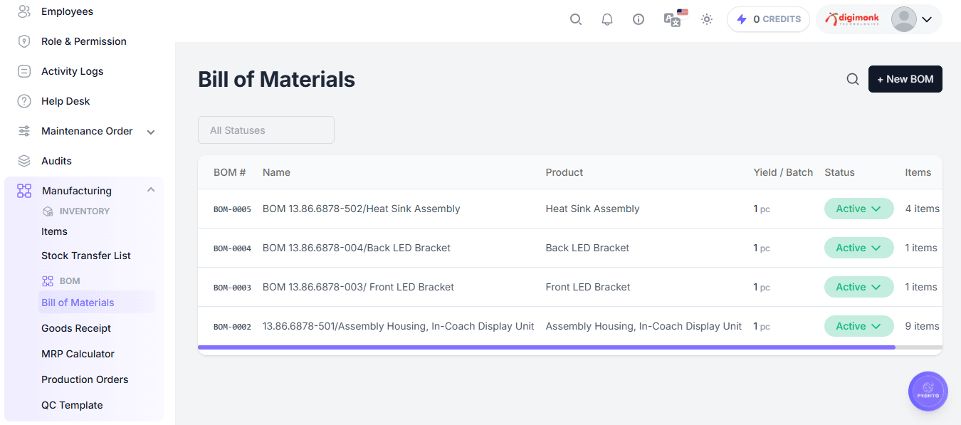Bill of Materials Page