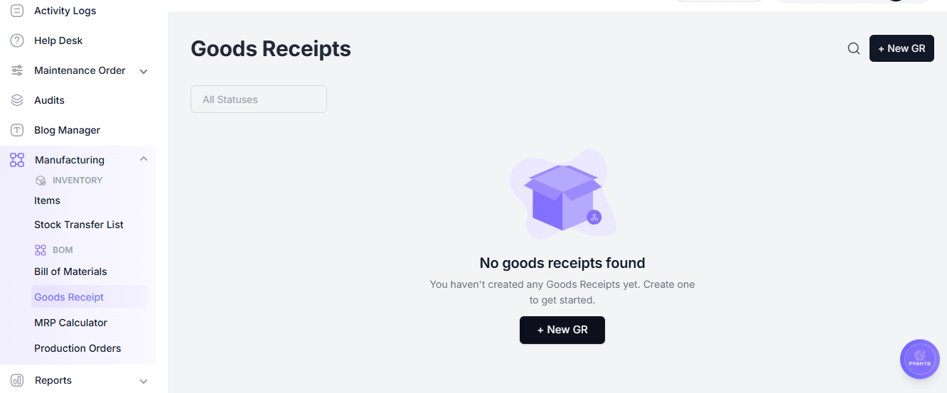 Goods Receipts Page