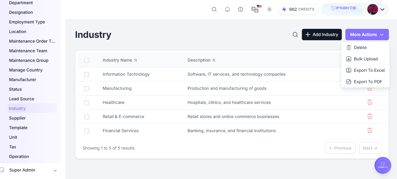 Industry More Actions