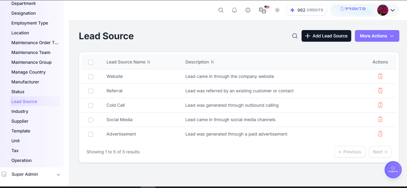 Lead Source List