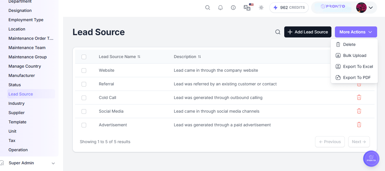 Lead Source More Actions