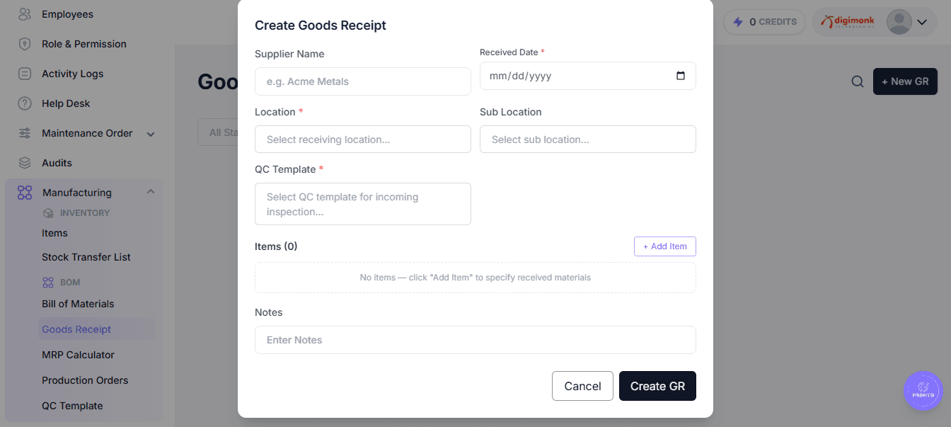 Add Goods Receipt Form