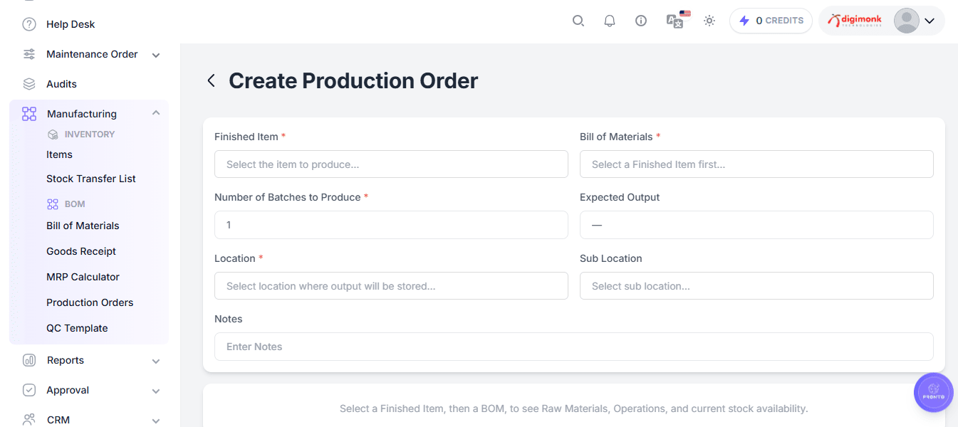 Add Production Order Form