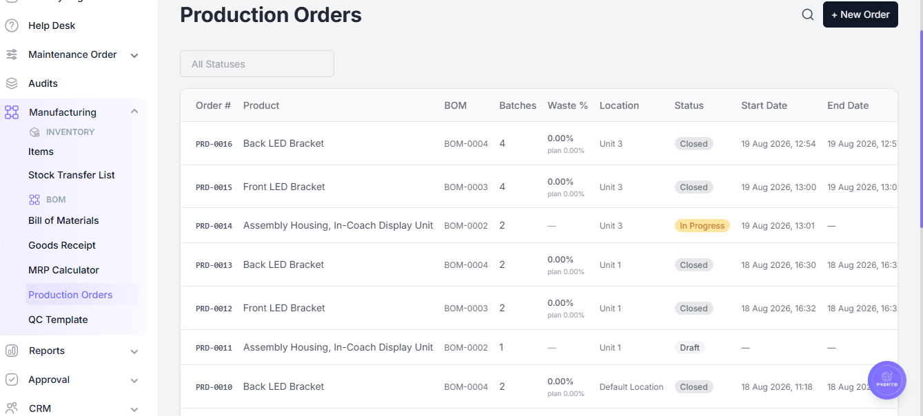 Production Orders Page