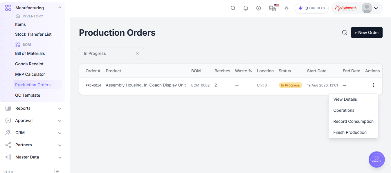 Production Order Actions Menu