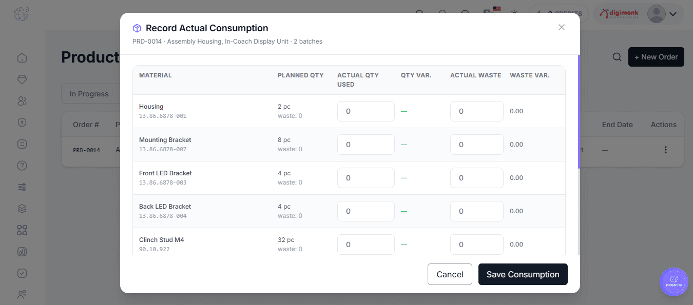 Production Consumption Tracking