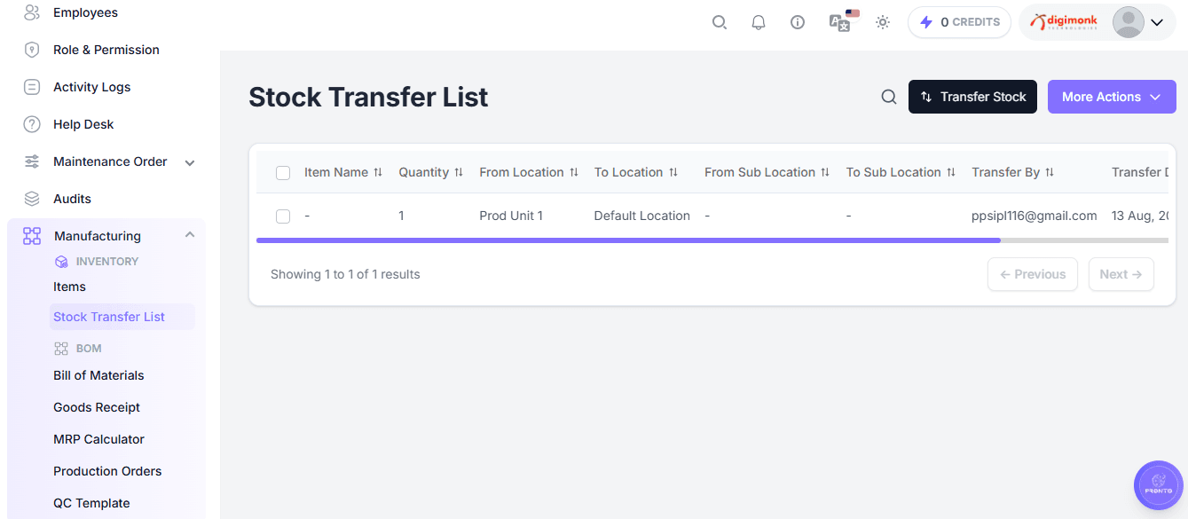 Stock Transfer List Page