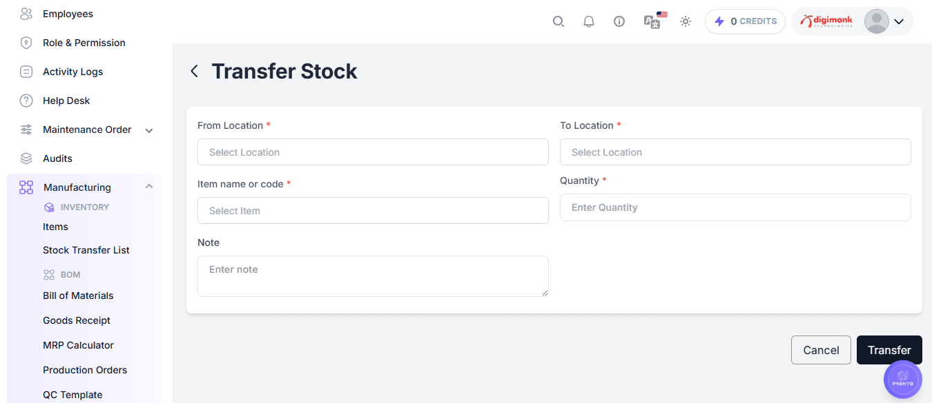 Transfer Stock Form