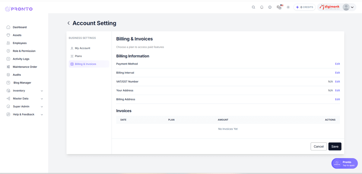 Billing and Invoices Management Screen